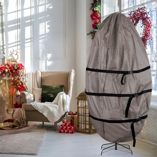 Christmas Tree Storage Bag - Upright Zippered Canvas Cover for 9-Foot Artificial Trees with Buckle Straps and Cinch Bottom by Elf Stor (Gray)