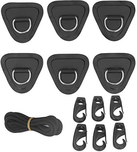 PVC D Ring Patch Elastisches Seil Set, D Ring Patch Bungee Rope Set aus Edelstahl Schlauchboote Kanus Kajaks Surfbretter (6 Stück) (Schwarz)