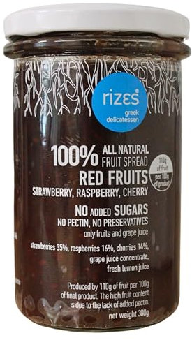 Rizes Greek Delicatessen Confiture de Fruits Rouges 100% Naturelle – Fraise, Framboise, Cerise – Sans Sucre Ajouté, Sans Conservateur, Sans Pectine, Artisanale, 300 g