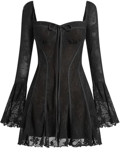 IDOPIP Women's Mini Corset Vintage Lace Dress Long Bell Sleeve Solid Color Ruffle A Line Wedding Party Dress Black L