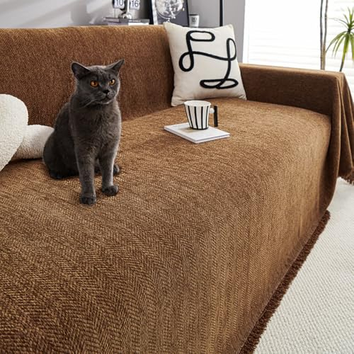 JIcloun Braun Sofa überwurfdecke L Form Große 1 2 3 4 Sitzer Sofadecke Kuscheldecke Chenille Couch Überwurf Tagesdecke mit Fransen, 90x210cm