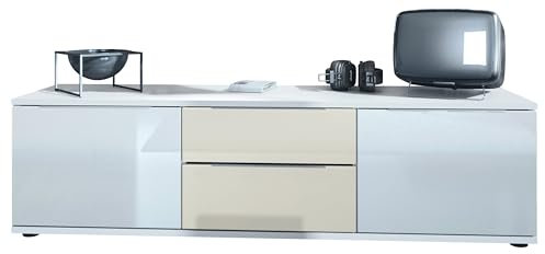Vladon TV Lowboard Linio V1, Fernsehtisch mit 2 Türen und 2 Schubladen – Weiß/Creme Hochglanz (138,5 x 37,5 x 35 cm)