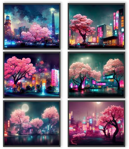 Admmixoo Anime Wandbilder, japanisches Poster, Fantasy Night View City Poster, Wolkenkratzer Gebäude Rosa Kirsche Sakura Baum Poster Schlafzimmer Wand Dekor 11x14 Zoll (27.9x35.6 cm) Ungerahmt