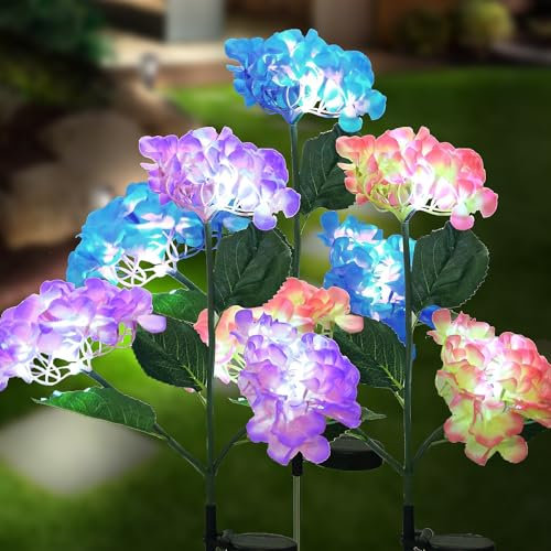 QINER Solarlampen für Außen Garten Balkon Deko,3 Stück Solar Hortensie Blumen LED Lampe Aussenleuchten Wegeleuchte, Garten Solarleuchten für Außen Gartendeko Rasen Weg Deko Balkon