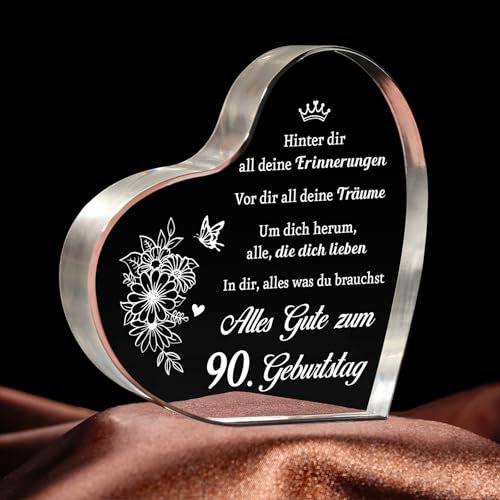 Giftasy Geschenk zum 90. Geburtstag - Acrylherz Tischschmuck, 90. Geburtstag Geschenkideen Für Oma Mama Mutter Schwester Tante