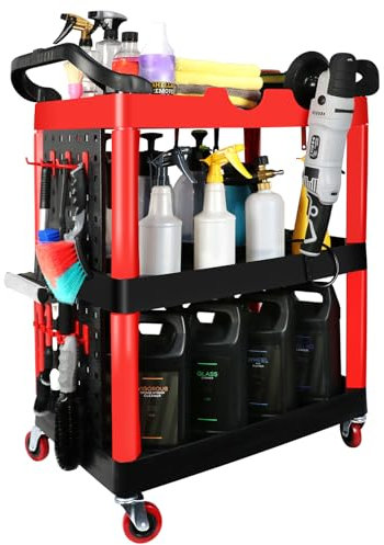ALL4DETAIL Auto Detailing Cart with Wheels, 3 Tier Car Detailing Cart with Hanging Boards & Hooks, Car Wash Organizer for Garage Workshop DIY Home
