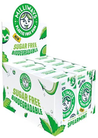 Milliways Spearmint Chewing Gum, Plastic Free, Sugar Free, Aspartame Free, Natural | 10 Packs of 30 Pieces (300 Pieces Total) | MEGA PACK | Xylitol, Plant-Based, Biodegradable