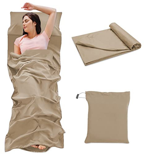 Hüttenschlafsack Ultraleicht, Schlafsack Einlage Baumwolle, Erwachsenen-Schlafsack & Reise-Bettlaken, Ultraleichter Schlafsack Kleines Packmass (Khaki, 210 x 115 cm)