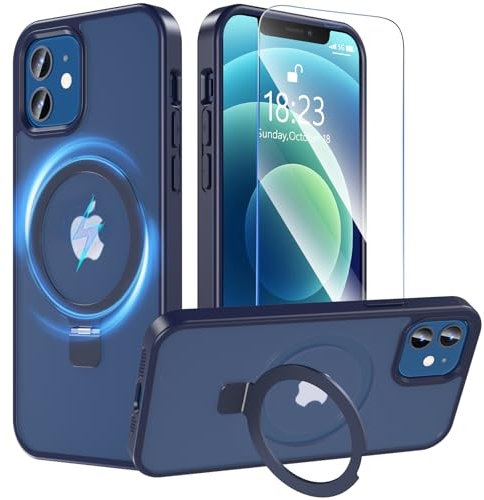 Hensinple für iPhone 12 Hülle/iPhone 12 Pro Hülle mit Ständer, Magnetisch Schutzhülle mit Panzer Schutz Glas,Kompatibel mit MagSafe, Durchscheinend Matt Stoßfest Handyhülle Case Cover, Blau