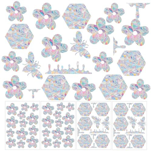 4 Fogli di Adesivi Anticollisione per Finestre, Adesivi per Finestre con Riflessione Arcobaleno per Prevenire Gli Urti Degli Uccelli Adesivi Antiurto per Finestre (Fiore, Alveare)