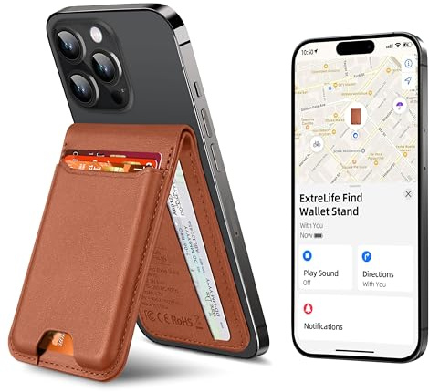 ExtreLife For Magsafe Wallet, Works with Apple Find My, Strongest Magnetic Wallet for iPhone 17/16/15/14/13/12 Series, WalletTracker with Adjustable Stand, 6 Cards Holder, Vegan Leather, Brown
