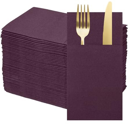 sourcing map 50 Pcs Disposable Linen Feel Napkins with Built-in Flatware Pockets, Paper Dinner Napkins for Knife and Forks, Hand Towels for Wedding Party Purple