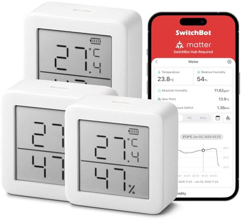 SwitchBot Termometro igrometro interno, igrometro digitale Bluetooth termoigrometro con app, punto di rugiada/VPD/sensore di umidità assoluto, Bluetooth igrometro 3