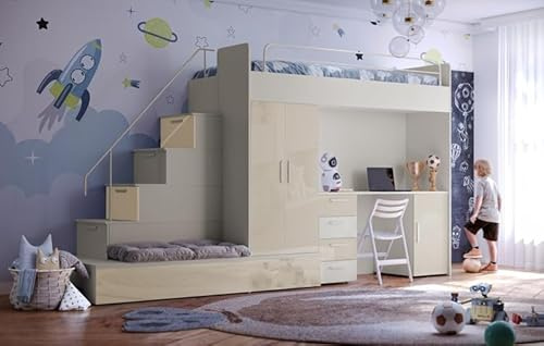 Generisch Hochbett mit Schreibtisch TOMI 5, Schrank, Treppe und Gästebett in Hochglanz (Cashmere + Beige, Glanz, Mit Matraze und Matrazenrahmen)