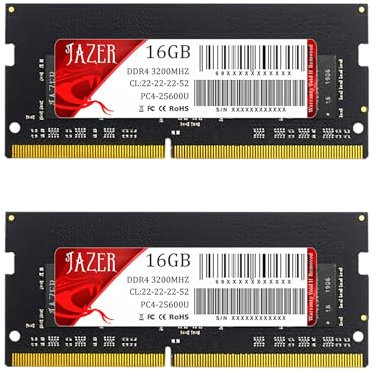 JAZER RAM DDR4 32Go 3200MHz,CL22 260 Pin SODIMM Ram PC Portable Haute Performance Barrette de Ram 16gox2