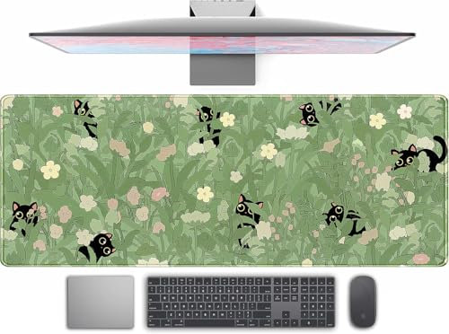 Mouse Pad Cute Green Leaves Pink Flowers Desk Pad Kawaii Anime Cat Desktop Protector Decoration Desk Mat Computer Keyboard and Mouse Pad 600x300x3mm