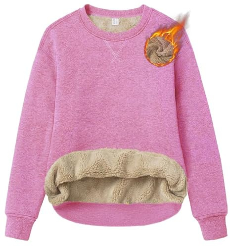 TACVASEN Sudadera Mujer Pullover de Mangas Largas Forrado de Fleece Cuello Redondo Camiseta de Mangas Largas Sin Capucha Oversize Rosa Gris, L