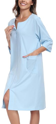 COLORFULLEAF 100% Cotton Zip Through Robe Womens Dressing Gown Soft 3/4 Sleeve Lightweight Knee Length Housecoat with Pockets(Light Blue,M)