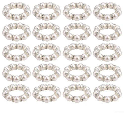 Perlen-Serviettenringe 20er Set mit runden Perlen Design für Hochzeit und Party Tischdekorationen, elastische Halter sichern Servietten für Buffets und Versammlungen