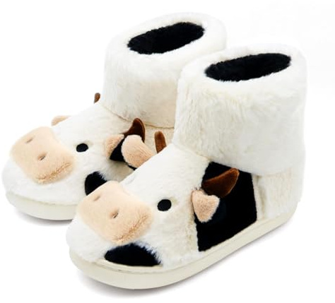 Jerzmy Cow Bootie Slippers for Women Men, Warm Cozy Memory Foam Slipper Boots Fuzzy Plush Lining, Cute Animal House Shoes for Indoor Outdoor Winter, Size 9-9.5