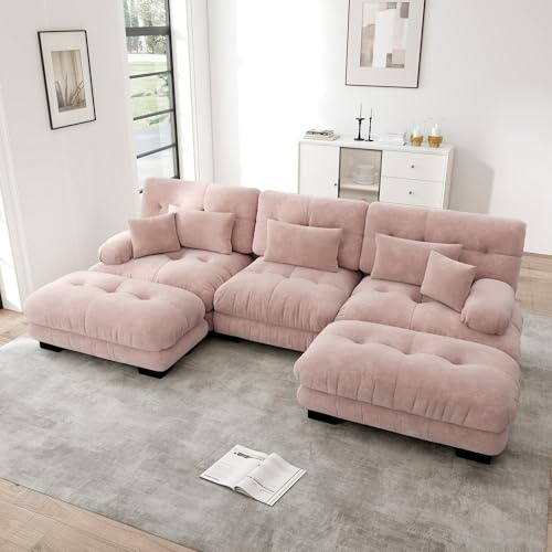 Ligterra Sofa mit Schlaffunktion, U Sofa mit Schlaffunktion, Luxuriöses Modulares Ecksofa - Übergroßes U-förmiges Cloud Couch für Wohnzimmer, Verwandelbares Schlafsofa mit Ottoman, Grau