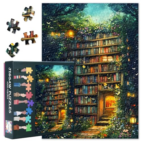 Bücherturm 1000 Teile Puzzle für Erwachsene, Fantasy | 1000-teiliges Puzzle mit Poster & Buchstaben; für Fantasy-Liebhaber, Familienspiel oder Wanddeko. Fertige Größe 70 x 50 cm