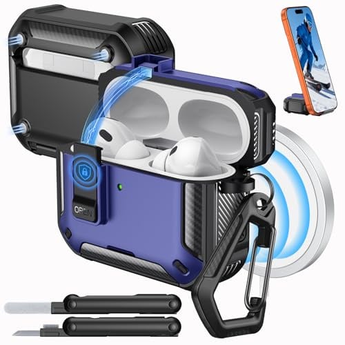 MoKo Hülle für AirPods Pro 3 2025 Kompatibel mit MagSafe,Schwarz/Dunkelbla | Hülle mit Verschluss, elefonhalterung und automatischem Pop-up für AirPod Pro 3. Gen Hülle, Schutzhülle mit Reinigungsset