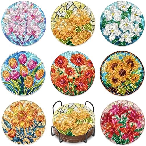8-teiliges Blumen-Diamant-Untersetzer-Set, DIY-Diamant-Untersetzer-Bastelset für Büro, Zuhause und Küche, Blumen-Tassenuntersetzer mit Diamantmalerei