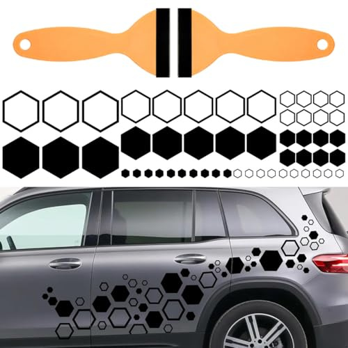 AEUXZA Auto Aufkleber 52 Stück Waben-Muster mit 2 Trapezoidal Scrapers– Racing Streifen Set für Auto Tuning, Karosserie Dekoration Styling Sticker für PKW, SUV, LKW & Offroad (Schwarz)
