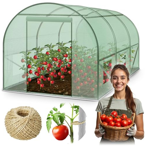 Plonos Gewächshaus Foliengewächshaus - 6 m² - Tomatenhaus mit 6 Fenstern und verzinktem Stahlrahmen - 100 m Sisalschnur Garten - Grün