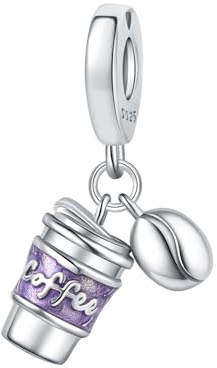 SBUTUXC Coffee Cup Dangle Charm, 925 Sterling Silver, Purple Enamel with Coffee Bean Accent, for Bracelets and Necklaces