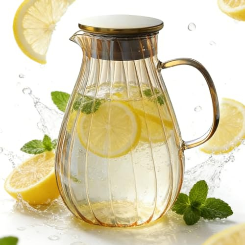 VETOLAKA Glaskaraffe mit Deckel: 1.9L Wasserkaraffe aus Borosilikatglas, Hitzebeständig Wasserkrug, Glaskrug mit Griff für kalte Getränke, Saft, Milch, Tee, Wasser