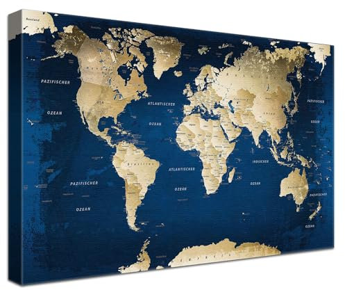 Stilvolle Pinnwand Weltkarte - Ocean - Deutsch in 120 x 80 cm, stabile Rückwand zum Pinnen inkl. Starterkit - Leinwand-Kunstdruck Wandbild Landkarte XXL