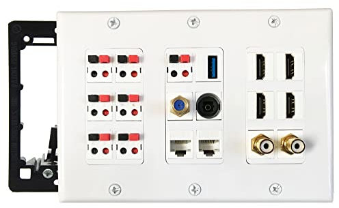 diyTech Premium Speaker Wall Plate, 7 Speaker, 4 HDMI, 2 RCA Subwoofer, 2 Cat6 Ethernet, 1 USB 3.0, 1 Audio Toslink, 1 Gold Coax, 3 Gang - White