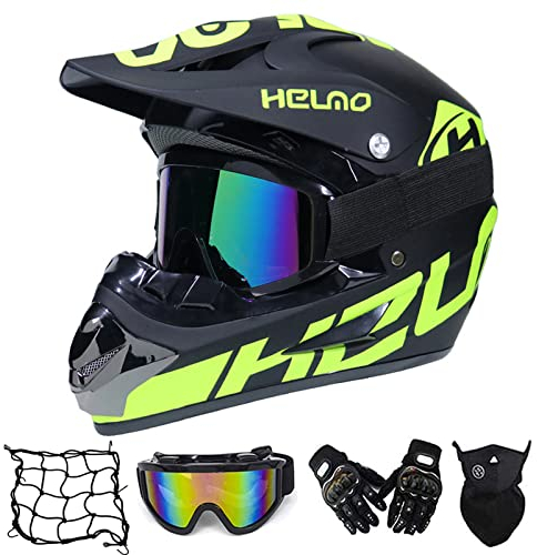 MRDEER Motocrosshelme mit Brille für Kinder, Motorrad Cross Helme Downhill Enduro Helm für Unisex Teenager Off Road MTB Helm Sicherheit Schutz Motorradhelm mit Handschuhe Maske Helmnetz, Grün, M