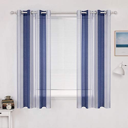 MIULEE Gardinen Gestreift Transparent mit Ösen, Voile Vorhänge Wohnzimmer Modern 2er Set, Vorhang Schlafzimmer Transparent mit Blau Weiss Gestreift Muster, Vorhang Halbtransparent Streifen 140X175 cm