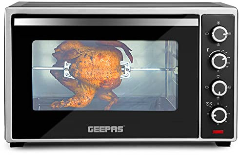 Geepas 60L Electric Oven with Rotisserie – 60 Minute Timer with Auto Shut Off, 4 Heat Setting, Adjustable Temperature Control & Accessories Included – 2 Years Warranty, 2000W, 60L, Black