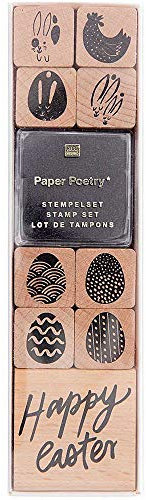 Rico Design Paper Poetry Stempelset Happy Easter - Holzstempel mit Stempelkissen zum Basteln für Kinder - 9 Motive - Stempel aus Holz DIY