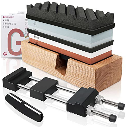 KYONANO Schleifstein, Wetzstein Abziehstein Set 2-in-1 Doppelseitiger Messerschärfer 400/1000 3000/8000 Körnung, inkl. Läppstein, Schleifstein-Halter Edelstahl/Holz, Gummihalter, Winkelführer(9er/Set)