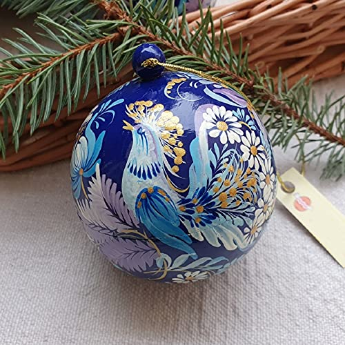 Handbemalte Сhristbaumkugel mit Vogel und Blumenmuster aus Holz 8 cm | Öffnet sich wie eine Schatulle Folk Art Florale Weihnachtskugeln nach Ukrainischer Tradition Handgefertigt