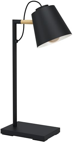 Eglo Table lamp Lacey, Bedside Light with lampshade, Metal Fixture in Black | cream and natural wood, reading E14 socket, 48.5 cm tall