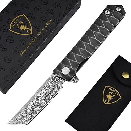 AUBEY Tanto Taschenmesser Damast Damastmesser Klappmesser Scharf Outdoor EDC Flipper Messer Survival Klappmesser Einhandmesser Angelmesser Campingmesser - Klingenlänge 8,8 cm