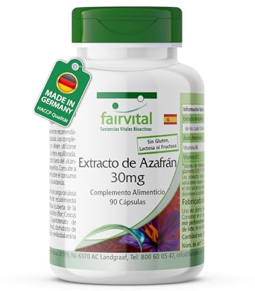 fairvital Safran Extrakt 30mg, 90 Kapseln, schluckfreundlich, mit Pantothensäure, Vitamin B6 und Vitamin B12, Großpackung für 3 Monate, Vegan