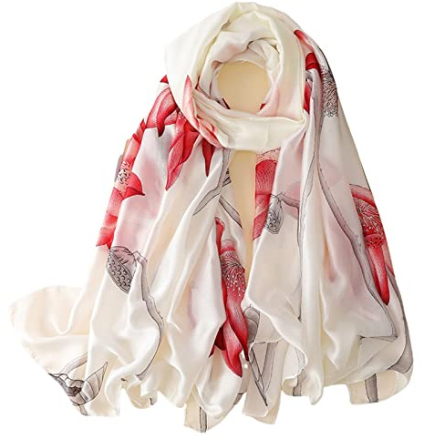WEIGEER Silk Scarf Women Chiffon Shawl Stain Neckerchief Long Head Wrap Lightweight Scarf Ladies Hijab Belt Vintage Bridal Shawl Chiffon Scarf Muslim Cloth floral Christmas Scarf (White Red)