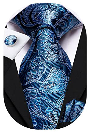 Hi-Tie Herren Krawatte Schwarz Paisley/Plaid/Streifen/Einfarbig Krawatten Set Einstecktuch Manschettenknöpfe Business Formal Hochzeit Meeting Geschenkbox,elegantes blaues Paisley