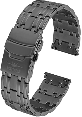 FIREFOX Ersatz- Uhrenarmband extra lang Überlänge Edelstahl voll massiv grau guncolor Breite 24mm MB-04-A24 Quick Change Release