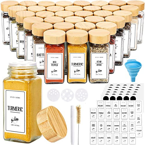 Yibaodan 36 Spice Jars with Bamboo Lids 4OZ Glass Shaker Lids, Containers Seasoning Bottles 120 Labels for Rack Cabinet Drawer, Transparent, (GJBL-36)