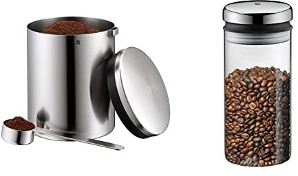 WMF Kaffeedose mit Kaffeelöffel Kult Cromargan Edelstahl rostfrei mattiert 500g & Vorratsdose 1 l Depot Glas spülmaschinengeeignet