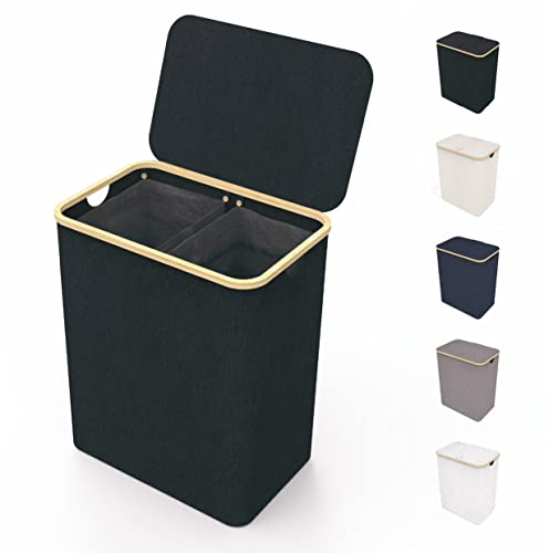 LONBET 150L Panier a Linge 2 Compartiment avec Couvercle et Cadre Bambou Robuste - Paniere a Linge Sale Esthétique avec Poignées Latérales, Tissu Respirant - Panier à Linge Sac Amovible, Noir