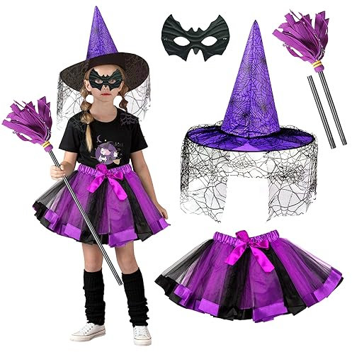 YADODO Deguisement Sorciere Fille 5-10 ans Costume Sorciere Enfant avec TuTu Fille Chapeau Sorciere Balai Masque Déguisement Sorcière Fille Deguisement Halloween Fille pour Halloween Carnaval Cosplay